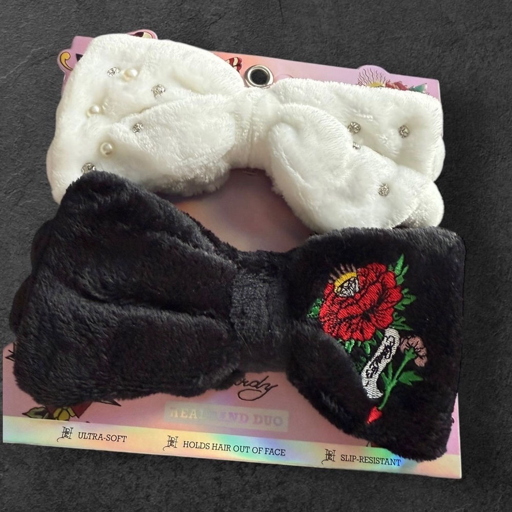 Ed Hardy Fuzzy Headband Duo- Blinged And Embroidered NWT